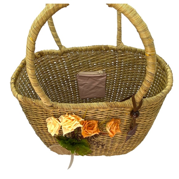 Handcrafted Tote Bag | Esparto Raffia Palm with Satin Bouquet | Handmade New - Picture 3 of 6